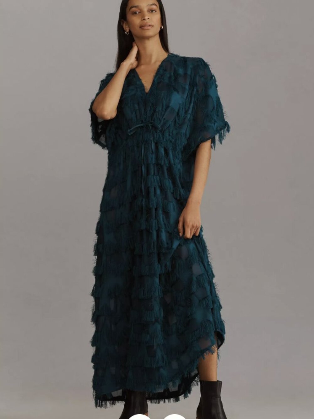 By Anthropologie Fringe Blue Teal Kaftan Dress One Size